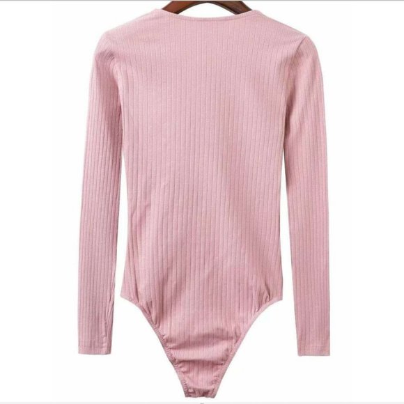 ✨H&M DUSTY PINK LACE UP V NECK RIBBED BODYSUIT - SIZE: US S - Picture 5 of 8